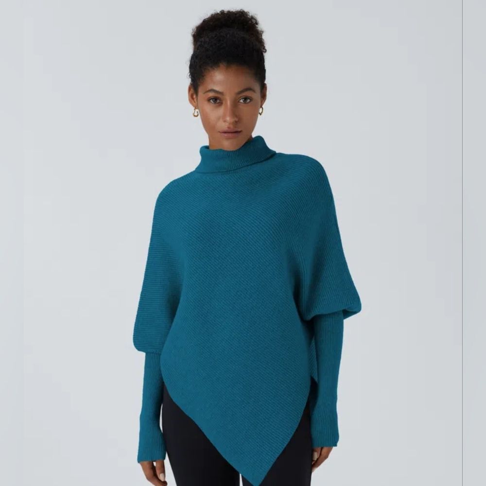 HALARA Teal Ribbed Turtleneck Poncho Sweater XL